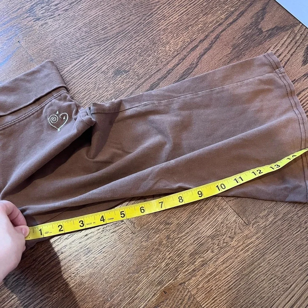 ⭐Y2K Girls Capri Wide Leg Yoga Pants Brown Fold Over Waist Glitter Heart Size S